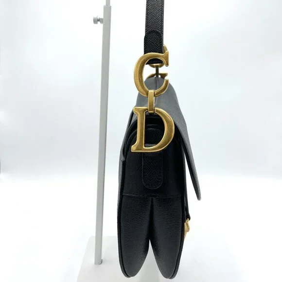 Dior Black Grained GHW Medium Saddle Bag w/ Strap - Picture 2 of 10